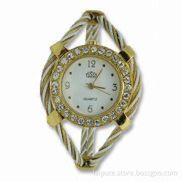 Gold Plating Watch with Unique Steel Wire Strap and Golden Watch Case, MOQ of 500 Pieces